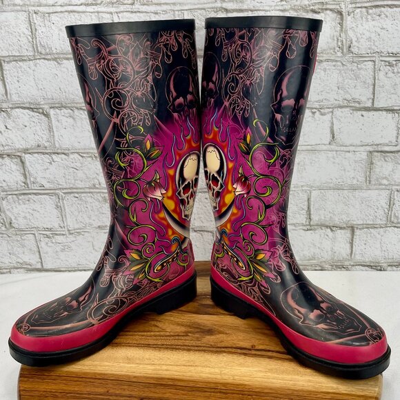 Ed Hardy VTG Womens Sz. 6 All Over Flaming Skull Print Rubber Rain Boots - Picture 11 of 16